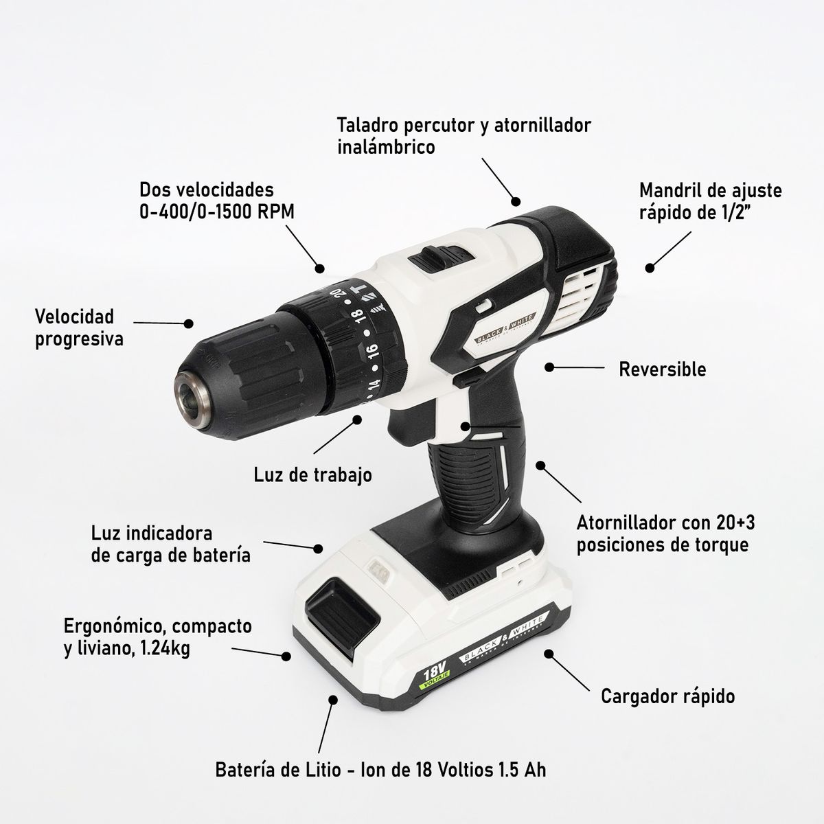 BLACK & WHITE - Taladro Percutor Atornillador Inalambrico Recargable 18V 12 32Nm