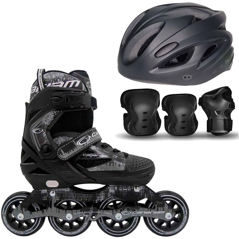 CANARIAM - Patines Roller Team Gris + Kit C4 + Casco Cliff  Negro Talla 34-37