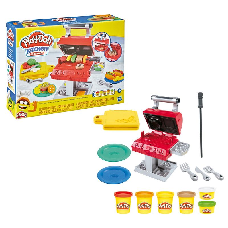 PLAY DOH - Kitchen Creations Super Barbacoa Play Doh, Incluye set Súper Barbacoa con almohadilla de tinta incorporada, pincho, molde tipo libro con forma de tabla de cortar, espátula, 2 platos, tenedor, cuchillo, 6 latas de Plastilinas. (A partir de 3 años)