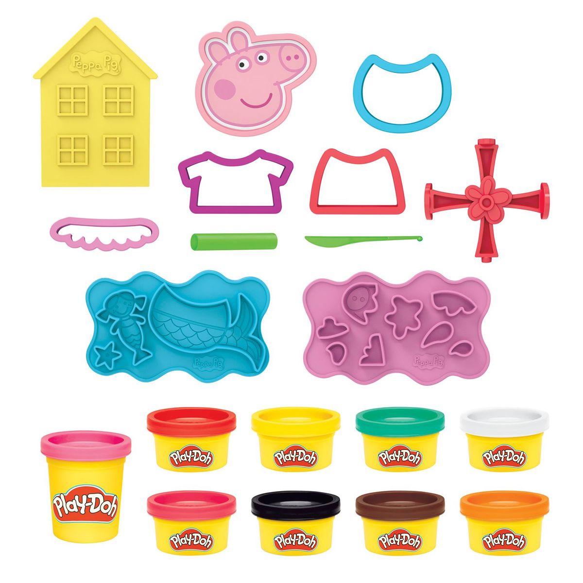 PLAY DOH - Crea y Diseña Peppa Pig de Play Doh Incluye sello Peppa Pig, 4 cortadores, sello de 4 lados, molde de casa, 2 paletas de moldes, rodillo, cuchillo y 9 latas de masa para moldear. (A partir de 3 años)
