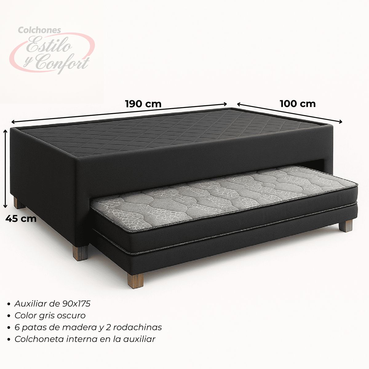 ESTILO Y CONFORT - Basecama Nido 100x190 Estilo y Confort  Tela Gris Pata de Madera