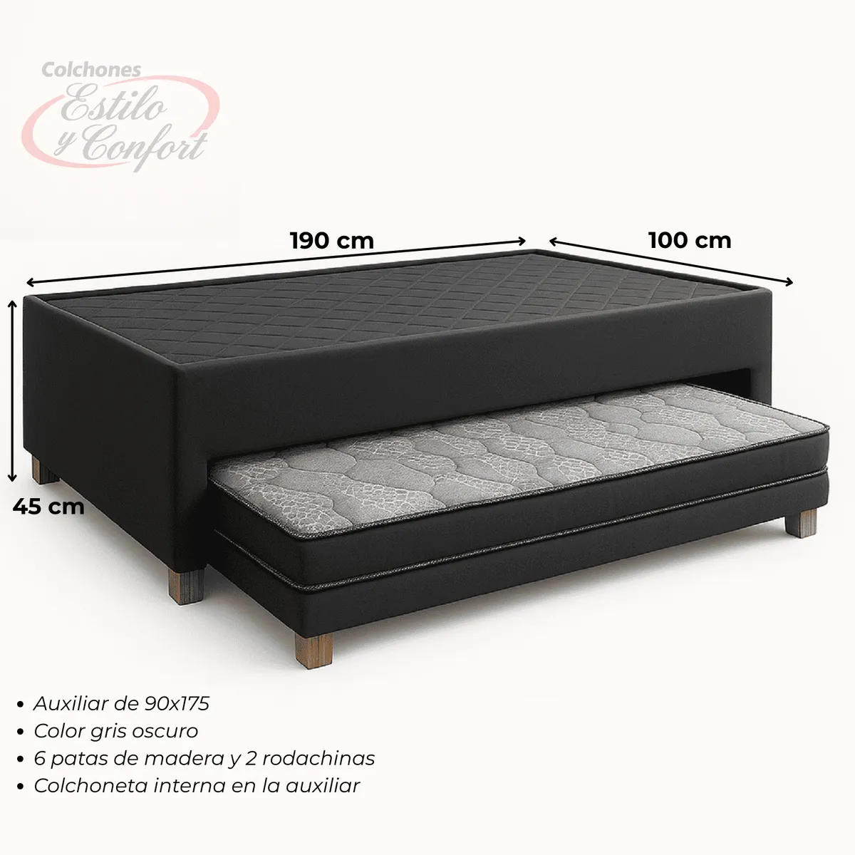 ESTILO Y CONFORT - Basecama Nido 100x190 Estilo y Confort  Tela Gris Pata de Madera