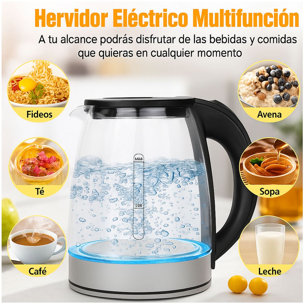 SOKANY - Tetera Eléctrica Hervidor De Agua Jarra Vidrio 1800W Calidad Premium Hasta 2 Litros