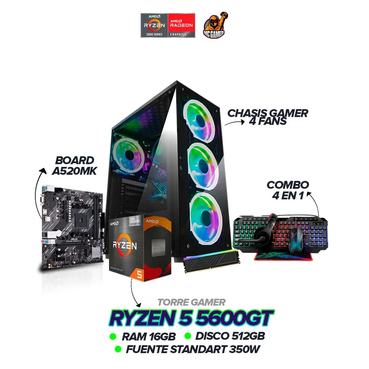 AMD - PC Gamer Ryzen 5 5600G / RAM 16GB / SSD 512GB / Board A520 / 350W Estándar
