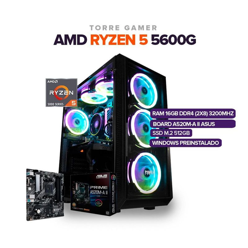 AMD - TORRE GAMER  RYZEN 5 5600G/16GB RAM/ 512GB SSD /BOARD A520-M II PRIME 4 SLOT