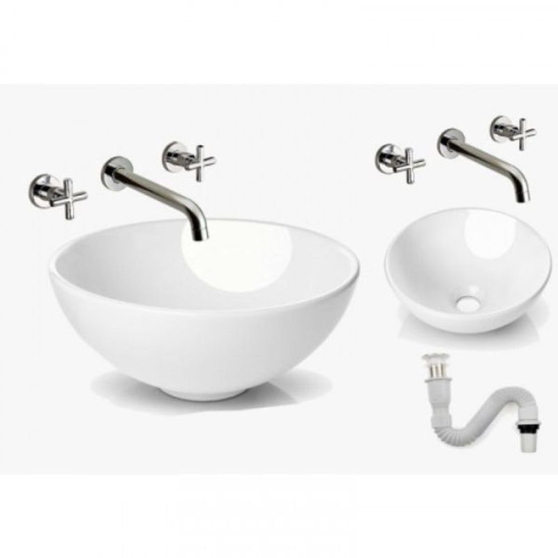 GENERICO - Kit Completo Lavamanos Blanco Tazón Desagüe Griferia Pared