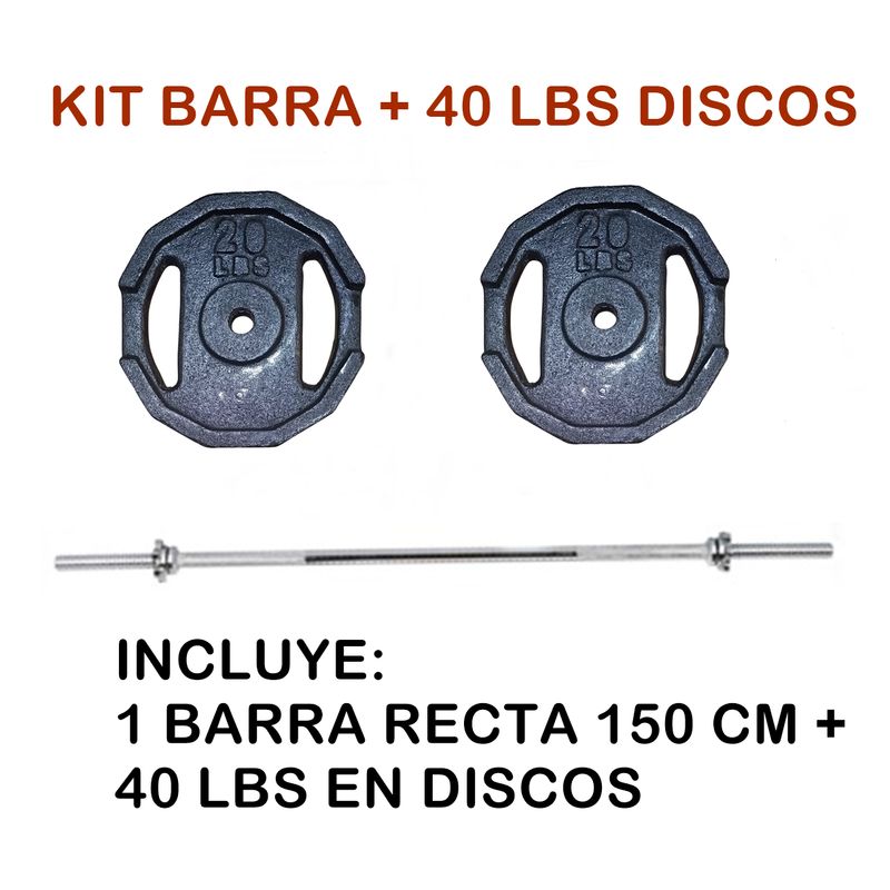 GENERICO - KIT BARRA: BARRA RECTA IMPORTADA 1.5 M - 40 LBS EN DISCOS- 1