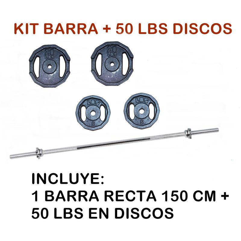 GENERICO - KIT BARRA: BARRA RECTA IMPORTADA 1.5 M - 50 LBS EN DISCOS-2