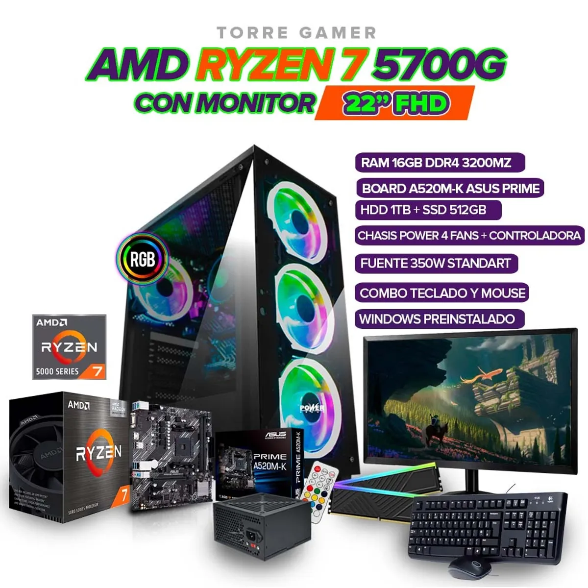 AMD - PC GAMER RYZEN 7 5700G/ RAM 16GB/ 1.5TB/ MONITOR  FHD 22"