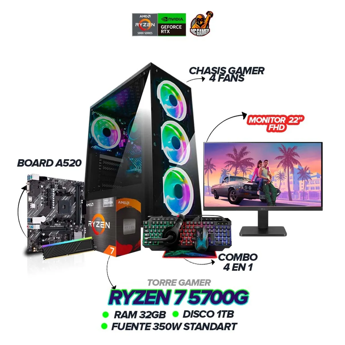 AMD - Torre Gamer Ryzen 7 5700G / RAM 32GB / SSD 1TB / Board A520 / Monitor 22" FHD