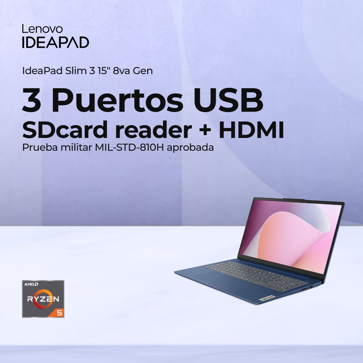 LENOVO - Portátil Lenovo IdeaPad Slim 3 AMD Ryzen 5 8GB RAM - 512GB SSD - Pantalla 15.6” Azul