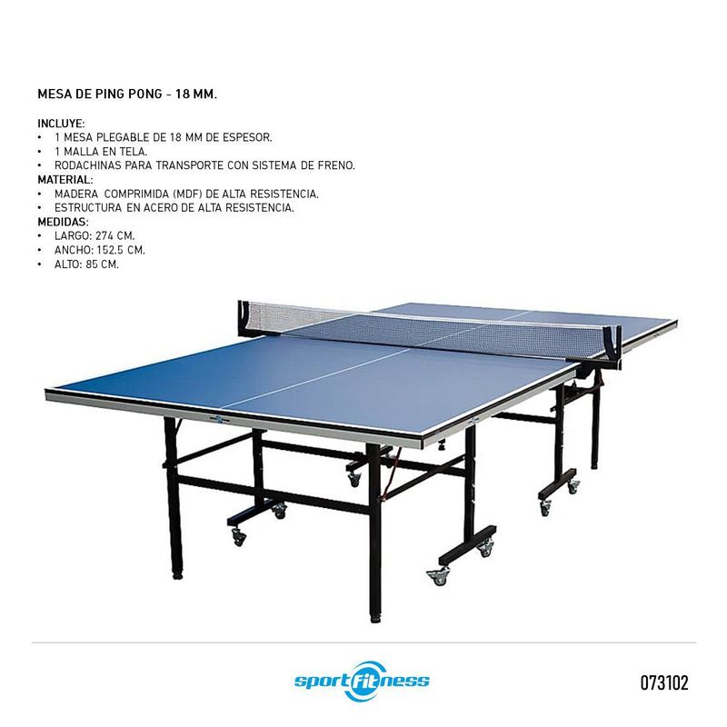 SPORT FITNESS - Mesa Ping Pong 18Mm  + Raquetas + Pelotas Ping Pong