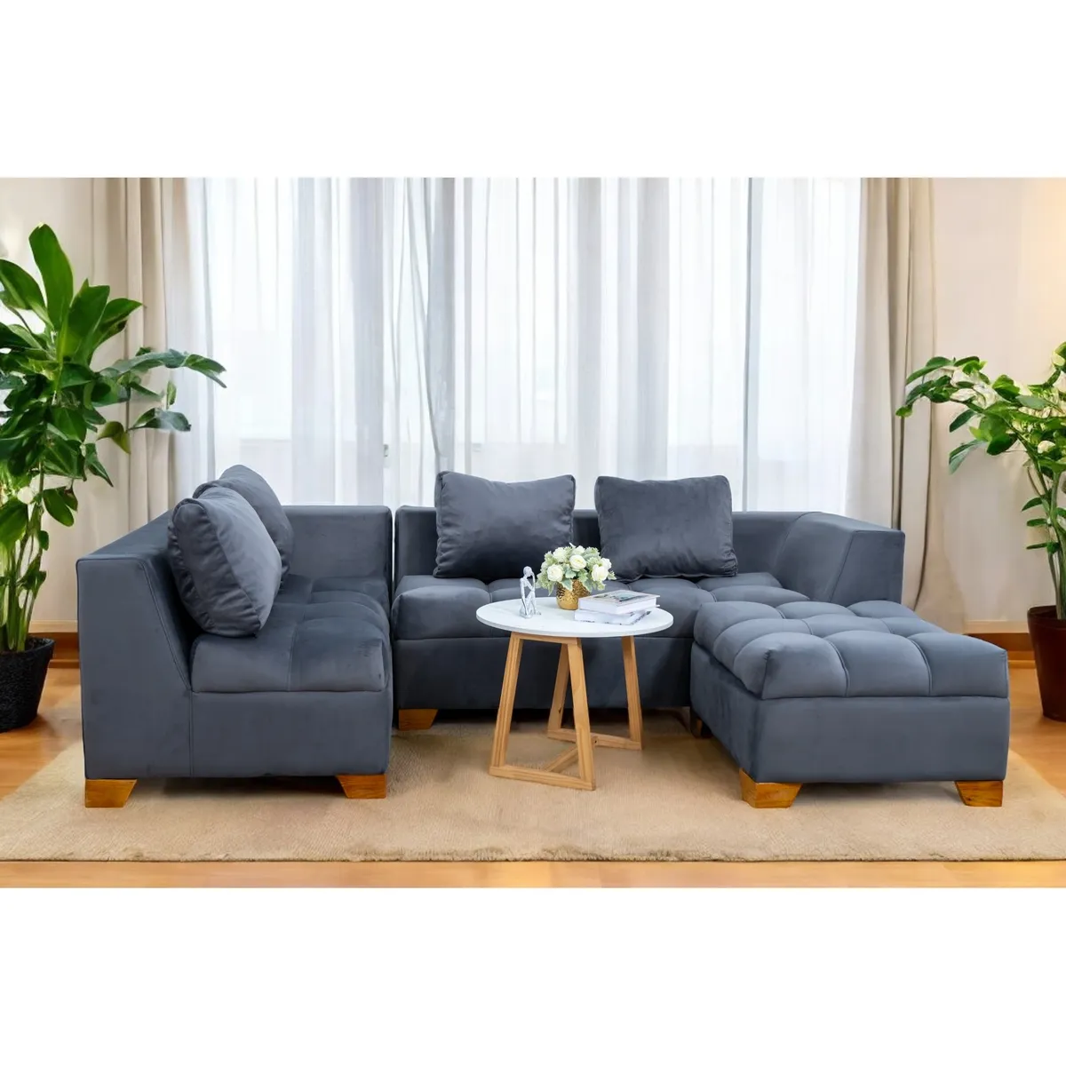 ACQUA MUEBLERIA - Juego de Sala  en L París Gris + Cojines + Puff