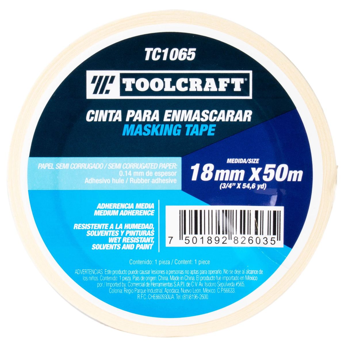 TOOLCRAFT - Cinta Enmascarar 3/4" X 50 M Toolcraft Adhesivo De Hule