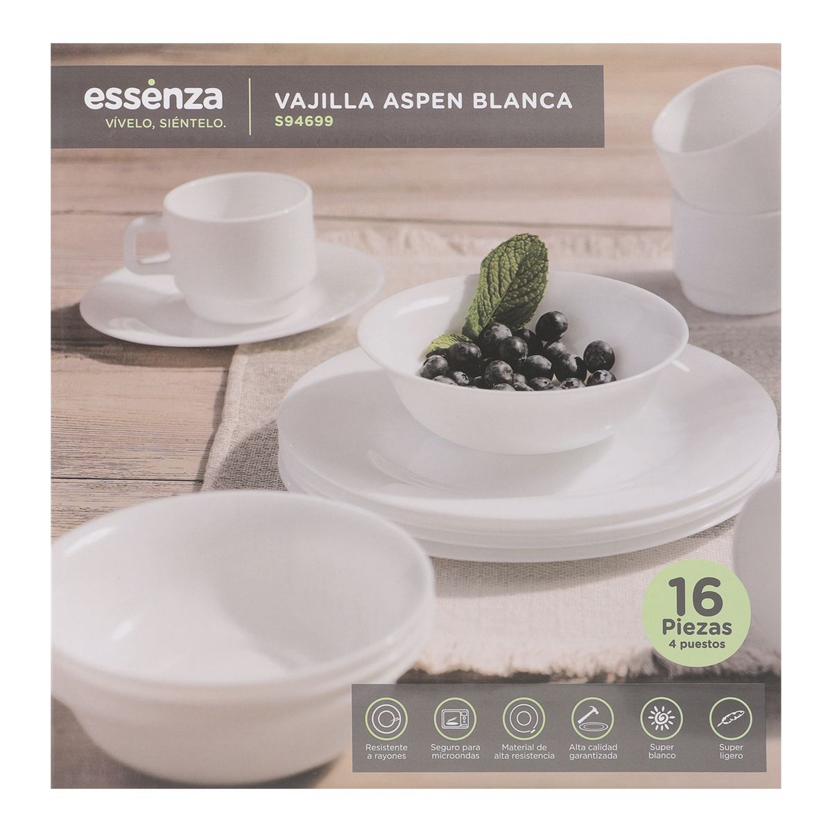 ESSENZA - Vajilla en Vitro Cerámica Essenza Aspen Redonda Blanca 16P