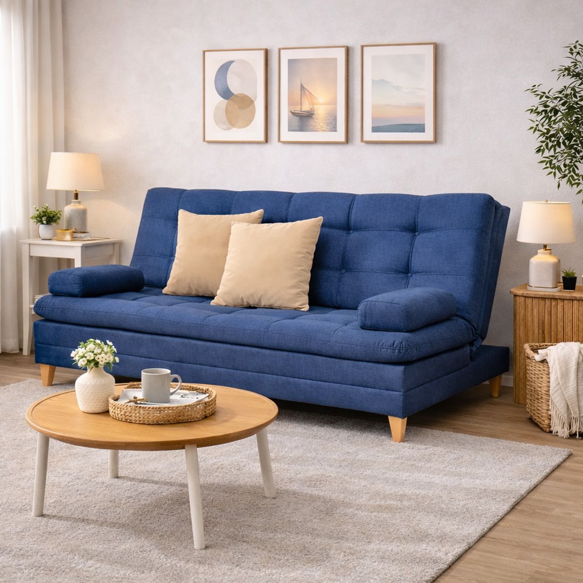 DECOLUM - Sofácama Tous 3 Posiciones Tela Lino Azul + cojines Beige