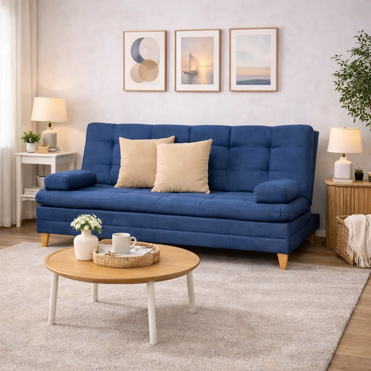 DECOLUM - Sofácama Tous 3 Posiciones Tela Lino Azul + cojines Beige