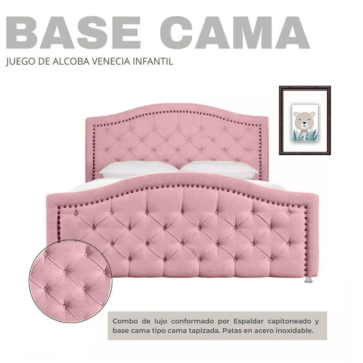 EKONOMODO COLOMBIA - Juego De Alcoba 120 Venecia Rosa Espaldar + Base Cama + Colchon