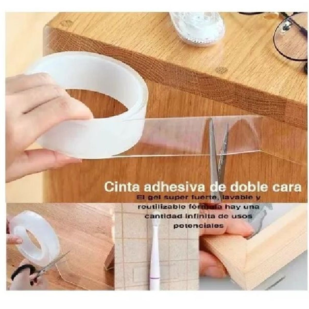 GENERICO - Cinta Adhesiva Gel Removible Lavable Reutilizable Doble Cara