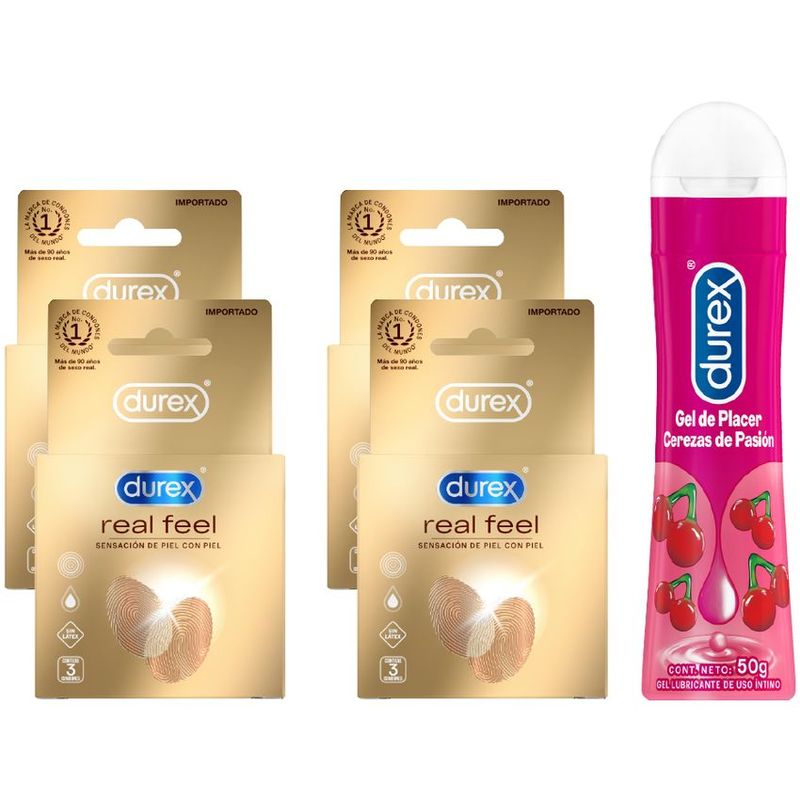 DUREX - Condones Durex Real Feel x 4 Cajas + Lubricante Sabor Cereza