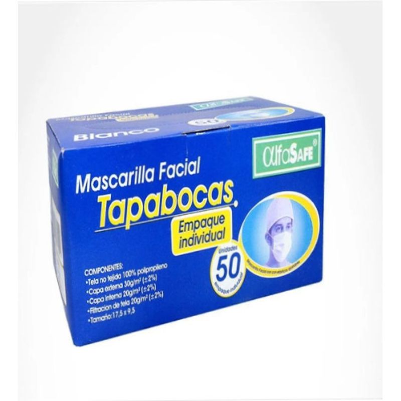 ALFA SAFE - Tapabocas Desechable Blanco Empaque Ind Caja X 50 Unidades Alfa