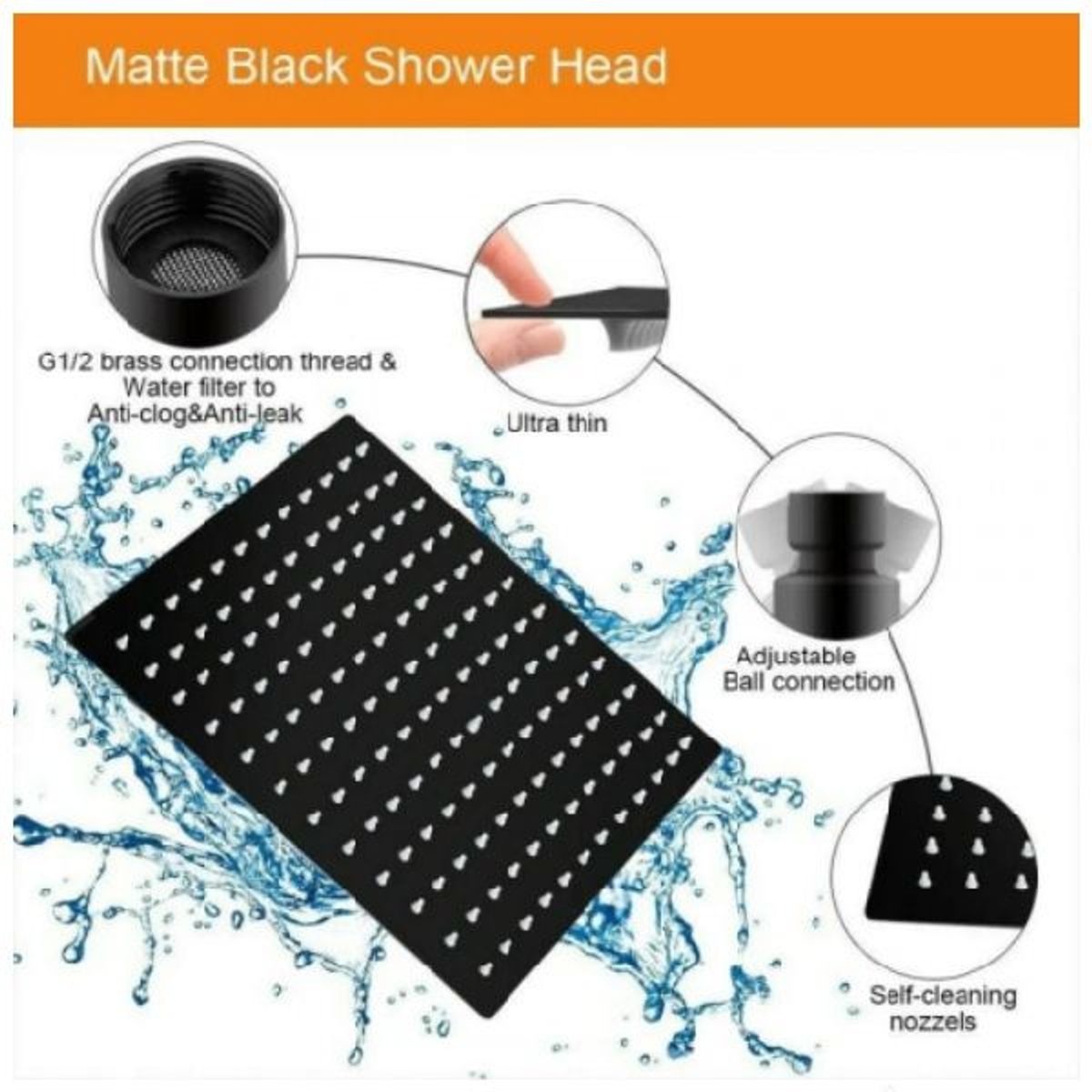 GENERICO - Regadera Ducha 20 Cm Acero Color Negro Matte-Tubo Cuadrado