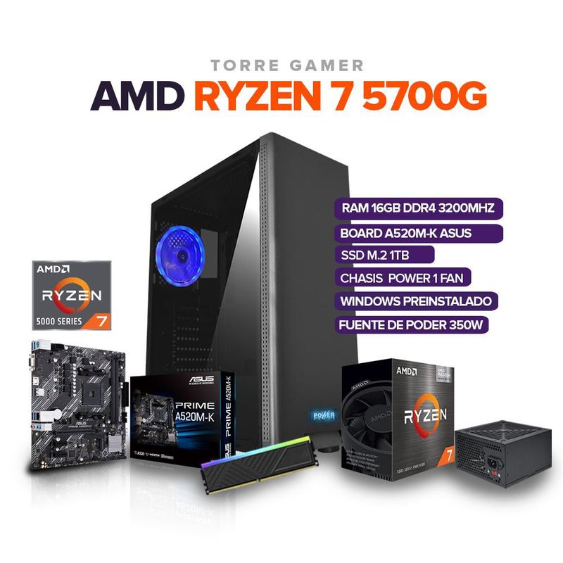 AMD - TORRE GAMER RYZEN 7 5700G/ 16GB RAM/ 1TB M.2 SSD/ BOARD A520M ASUS PRIME
