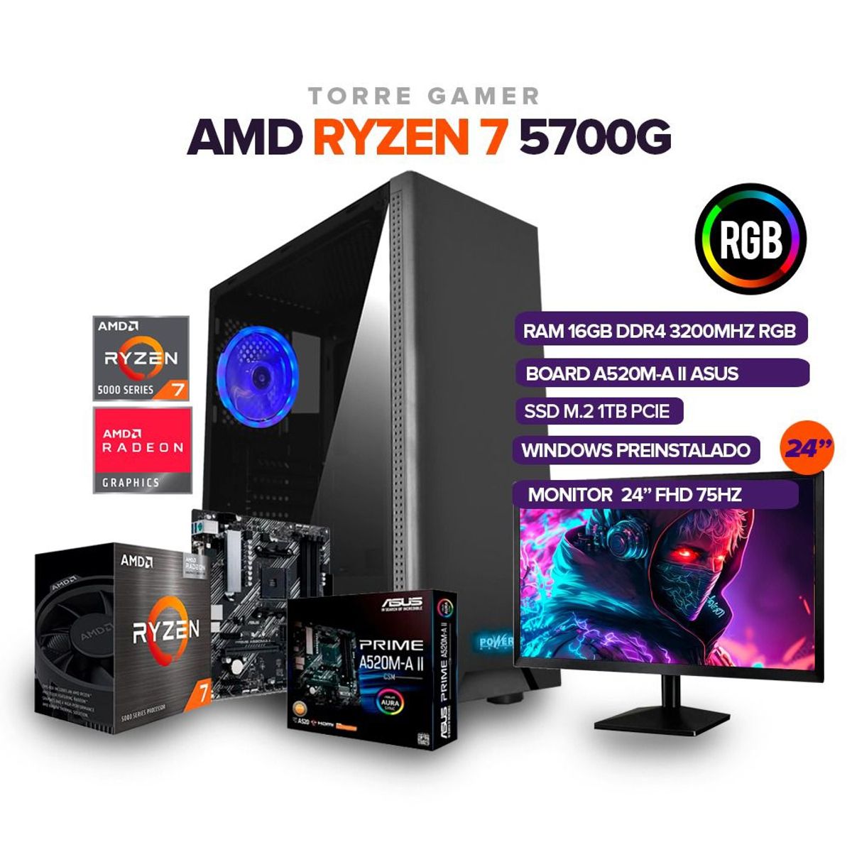 POWER GROUP - PC Gamer Ryzen 7 5700G /RAM 16GB/SSD 1TB/Board A520/700W 80+ BRZ + Monitor 24"