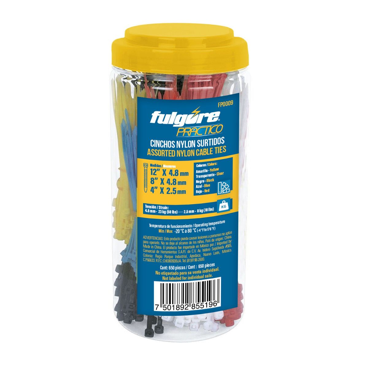 FULGORE - Set De 650 Amarres Cinchos Plásticos Fulgore Varios Colores
