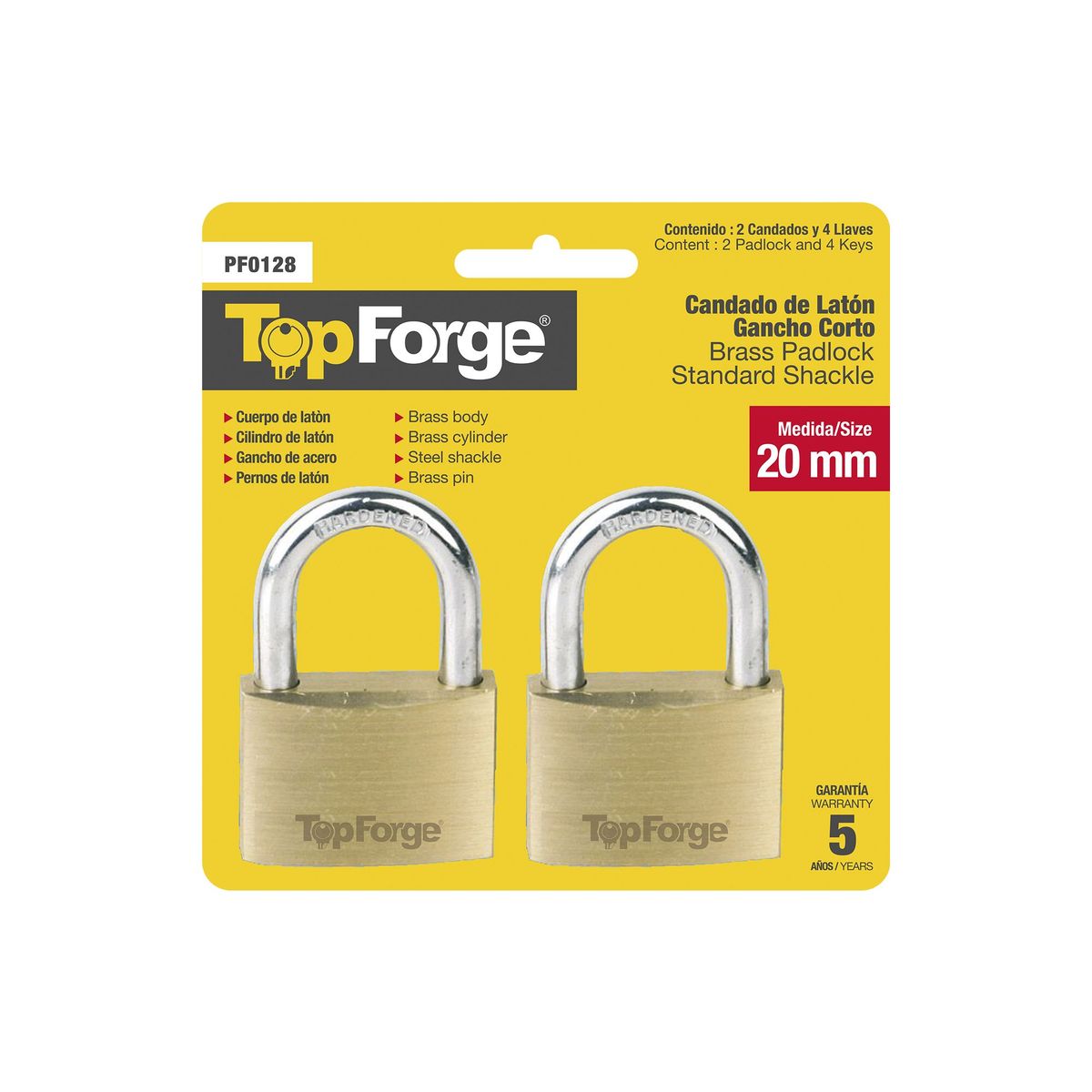 TOOLCRAFT - Set 2 Candados Cortos De Latón 20 Mm Topforge Con 4 Llaves