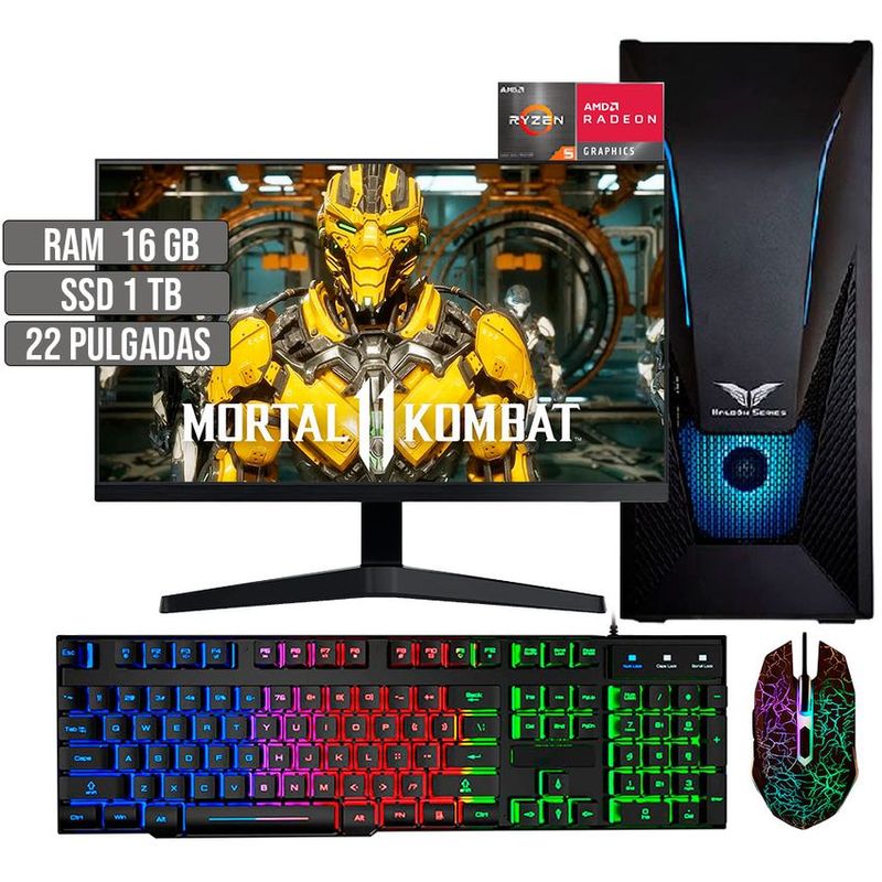 HALCON - PC EQUIPO COMPUTADOR GAMER AMD RYZEN 5 5600G SSD 1TB RAM 16GB LED 22" FHD