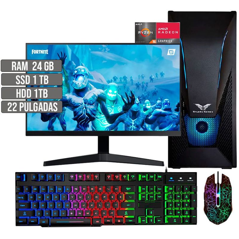 HALCON - PC EQUIPO GAMER AMD RYZEN 5 5600G SSD 1TB + HDD 1TB RAM 24GB LED 22" FHD