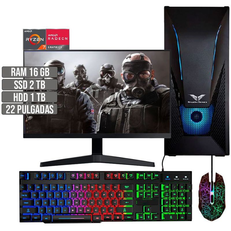 HALCON - PC EQUIPO GAMER AMD RYZEN 7 5700G SSD 2TB + HDD 1TB RAM 16GB LED 22" FHD