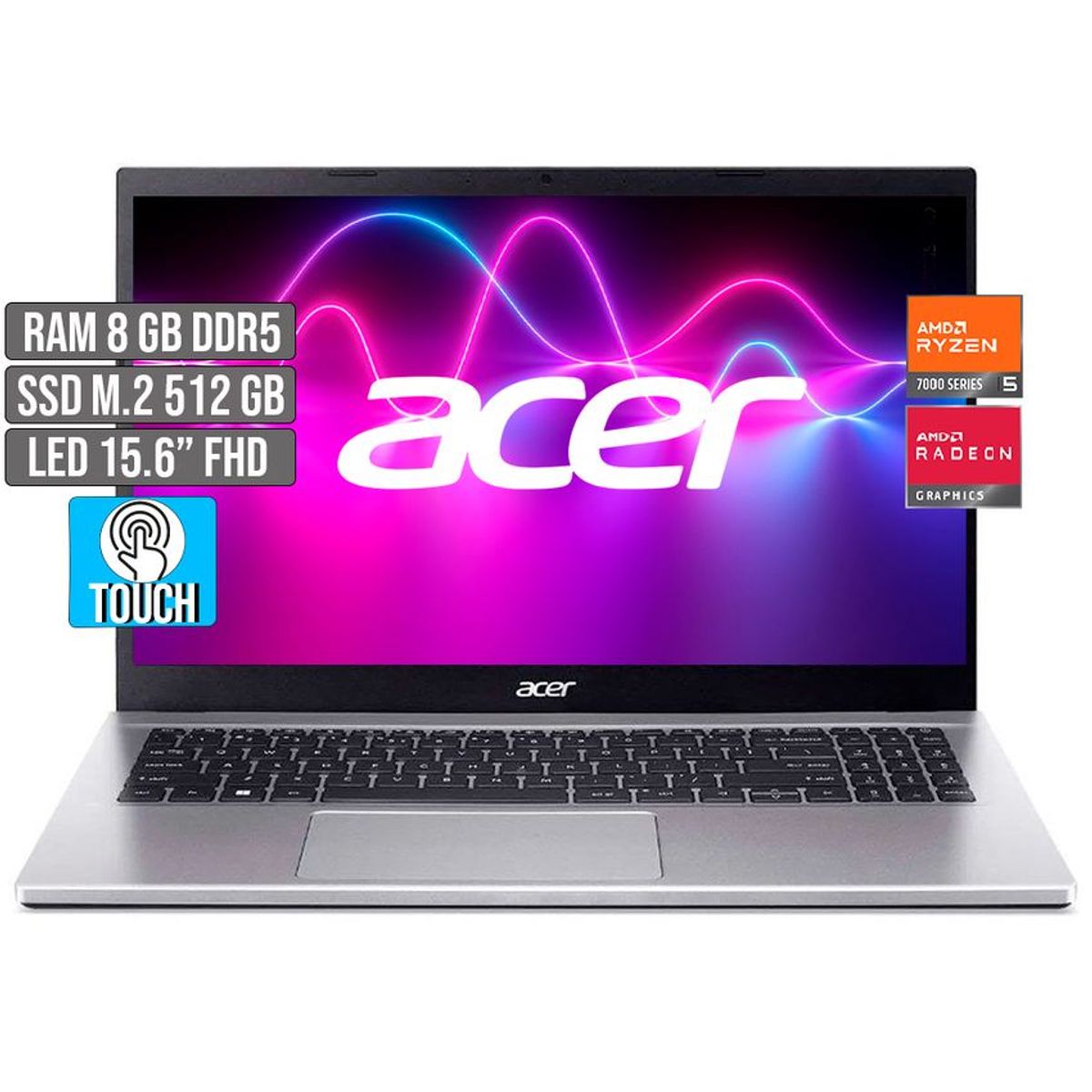 ACER - PORTATIL ACER AMD RYZEN 5-7520U SSD 512GB RAM 8GB LED 15,6 TOUCH FHD