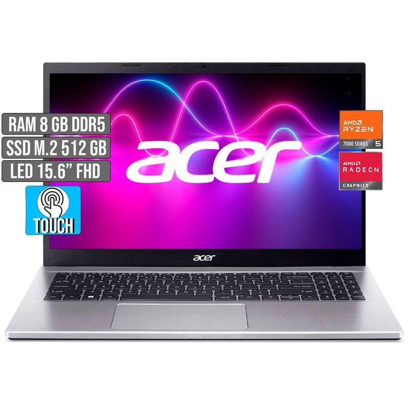 ACER - PORTATIL ACER AMD RYZEN 5-7520U SSD 512GB RAM 8GB LED 15,6 TOUCH FHD