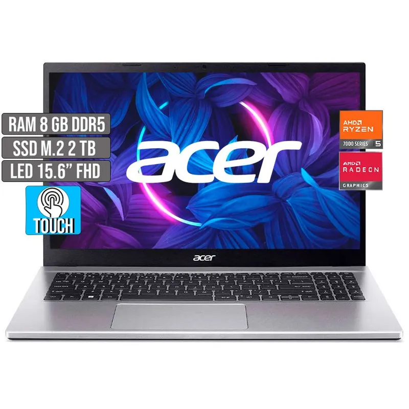 ACER - PORTATIL ACER AMD RYZEN 5-7520U SSD 2TB RAM 8GB LED 15,6 TOUCH FHD