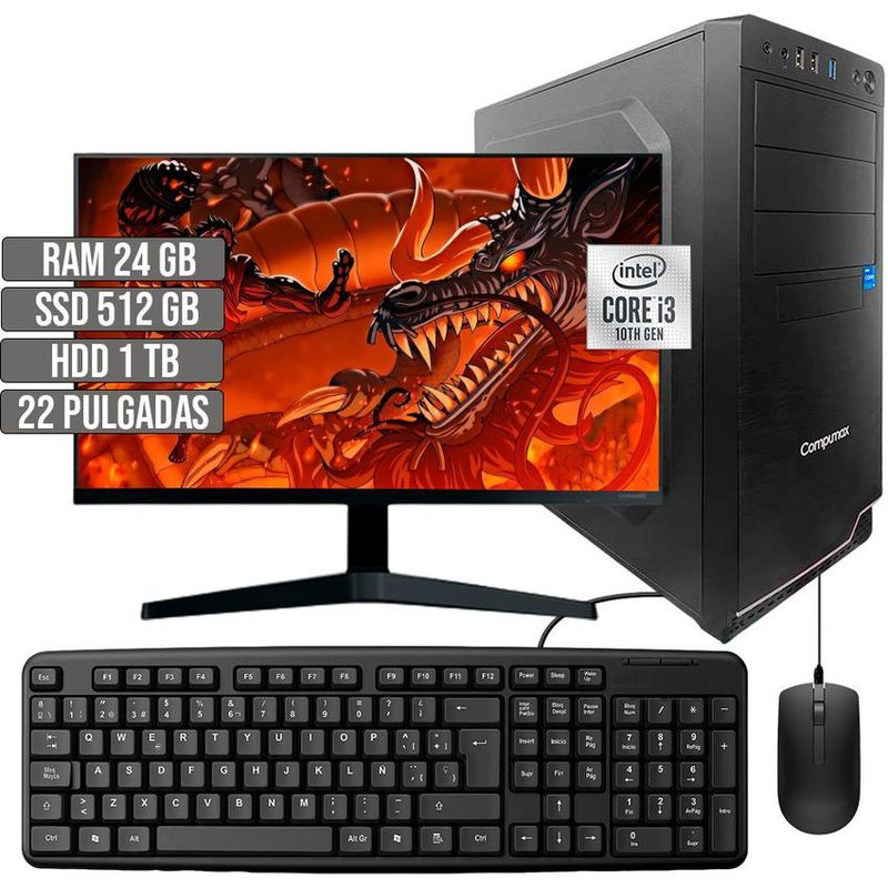 COMPUMAX - COMPUTADOR COMPUMAX INTEL CORE I3-10105 SSD 512GB + HDD 1TB RAM 24GB LED 22 FHD