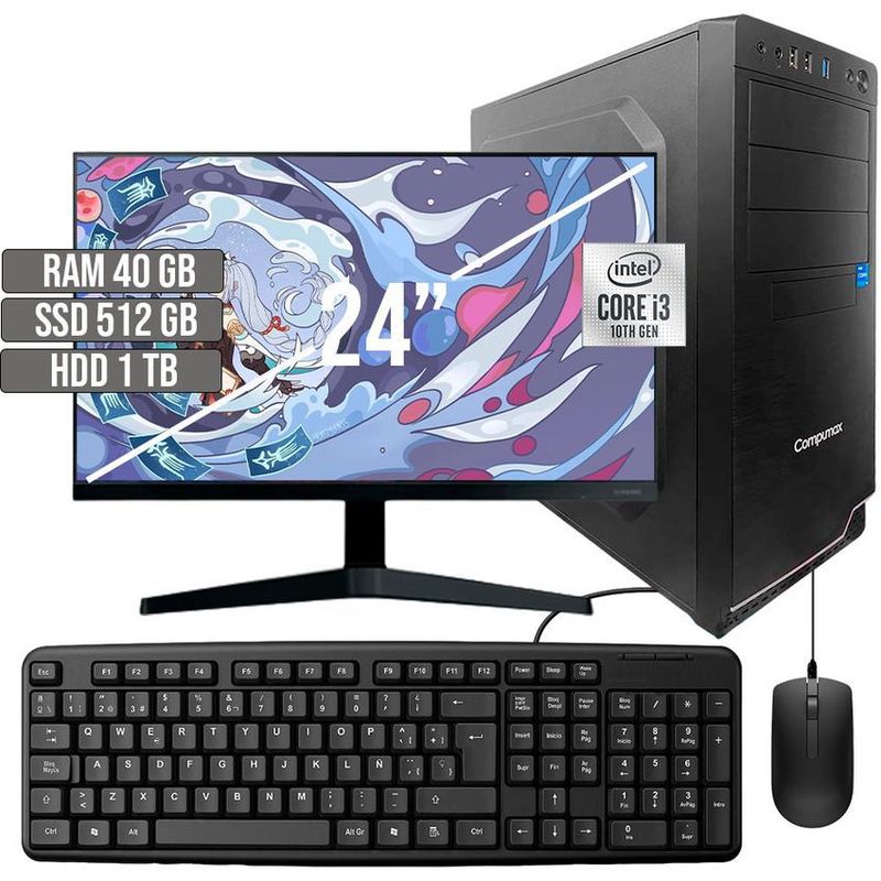COMPUMAX - COMPUTADOR COMPUMAX INTEL CORE I3-10105 SSD 512GB + HDD 1TB RAM 40GB LED 24 FHD