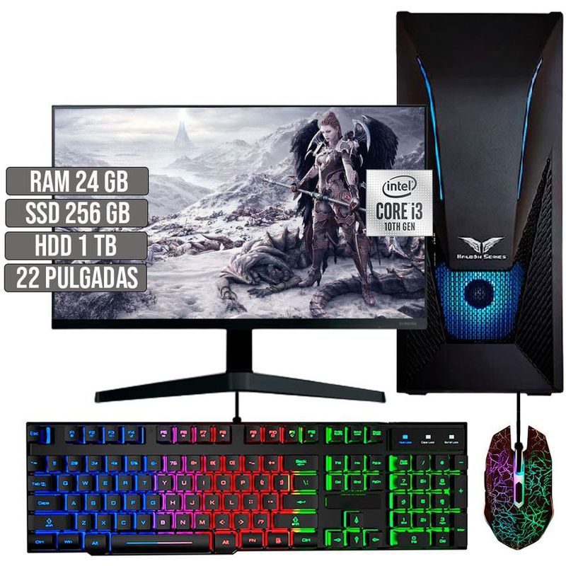 HALCON - PC EQUIPO GAMER INTEL CORE I3-10105 SSD 256GB + HDD 1TB RAM 24GB LED 22 FHD