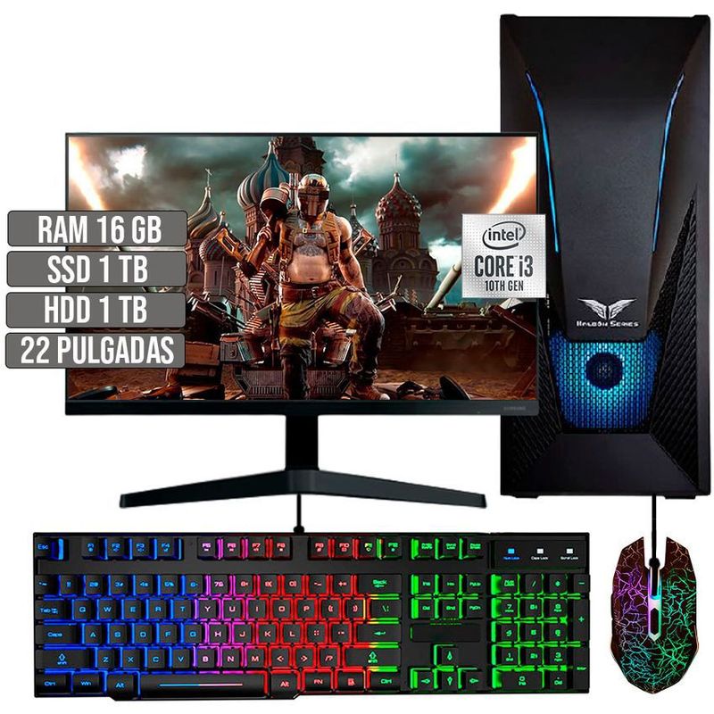 HALCON - PC EQUIPO GAMER INTEL CORE I3-10105 SSD 1TB + HDD 1TB RAM 16GB LED 22 FHD