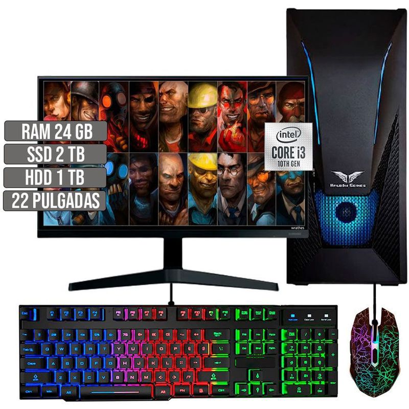 HALCON - PC EQUIPO GAMER INTEL CORE I3-10105 SSD 2TB + HDD 1TB RAM 24GB LED 22 FHD