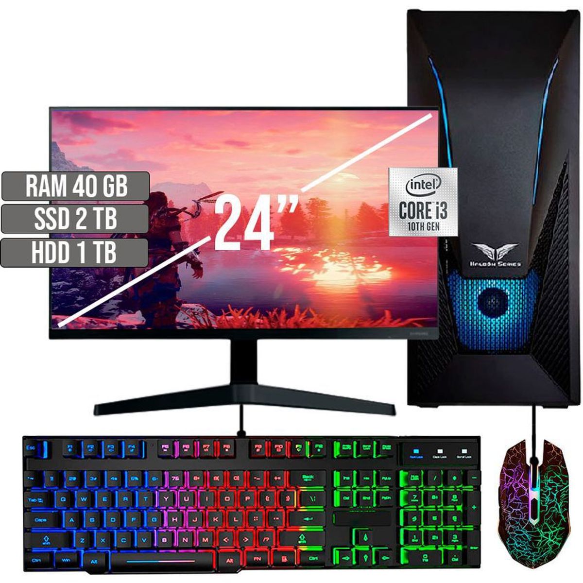 HALCON - PC EQUIPO GAMER INTEL CORE I3-10105 SSD 2TB + HDD 1TB RAM 40GB LED 24 FHD