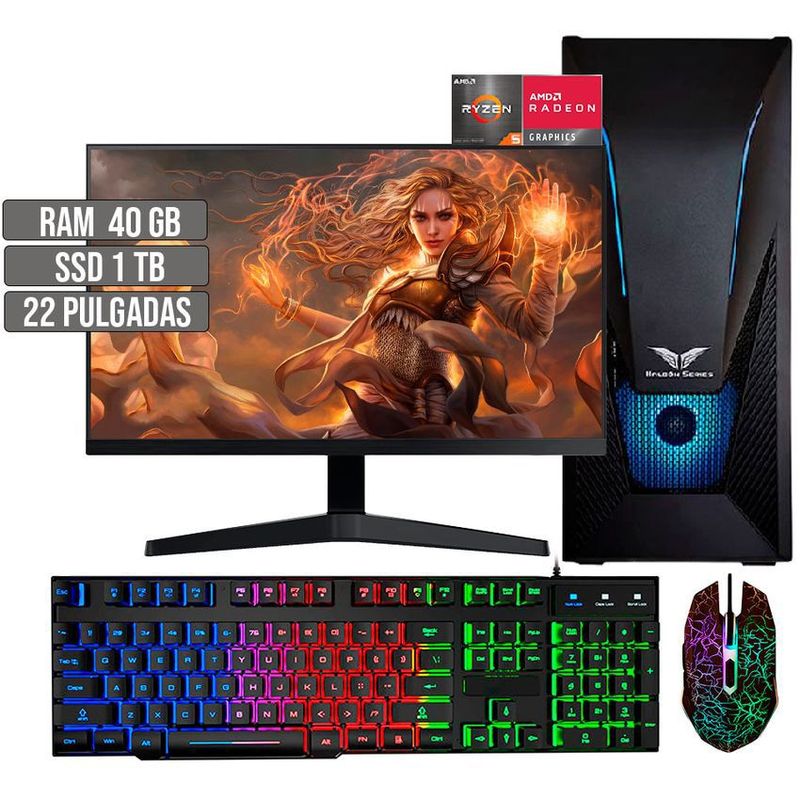 HALCON - PC EQUIPO COMPUTADOR GAMER AMD RYZEN 5 5600G SSD 1TB RAM 40GB LED 22" FHD