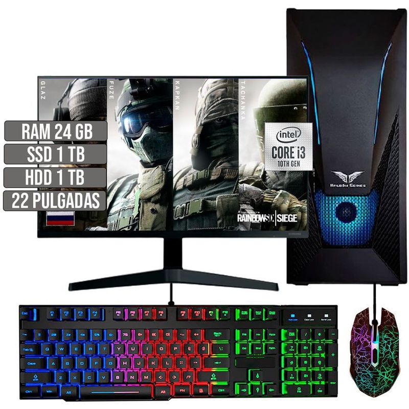 HALCON - PC EQUIPO GAMER INTEL CORE I3-10105 SSD 1TB + HDD 1TB RAM 24GB LED 22 FHD