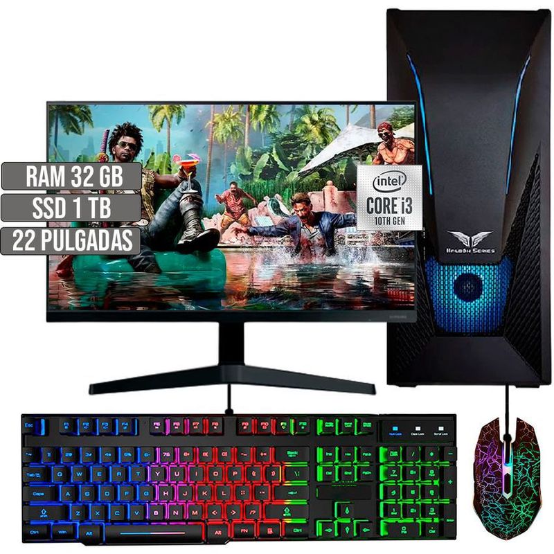 HALCON - PC EQUIPO GAMER INTEL CORE I3-10105 SSD 1TB RAM 32GB LED 22 FHD