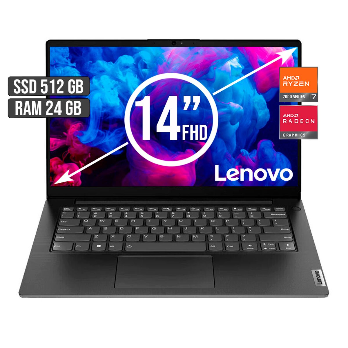 LENOVO - Portátil Lenovo V14 14" FHD AMD Ryzen 7 7730U RAM 24GB 512GB SSD Gris