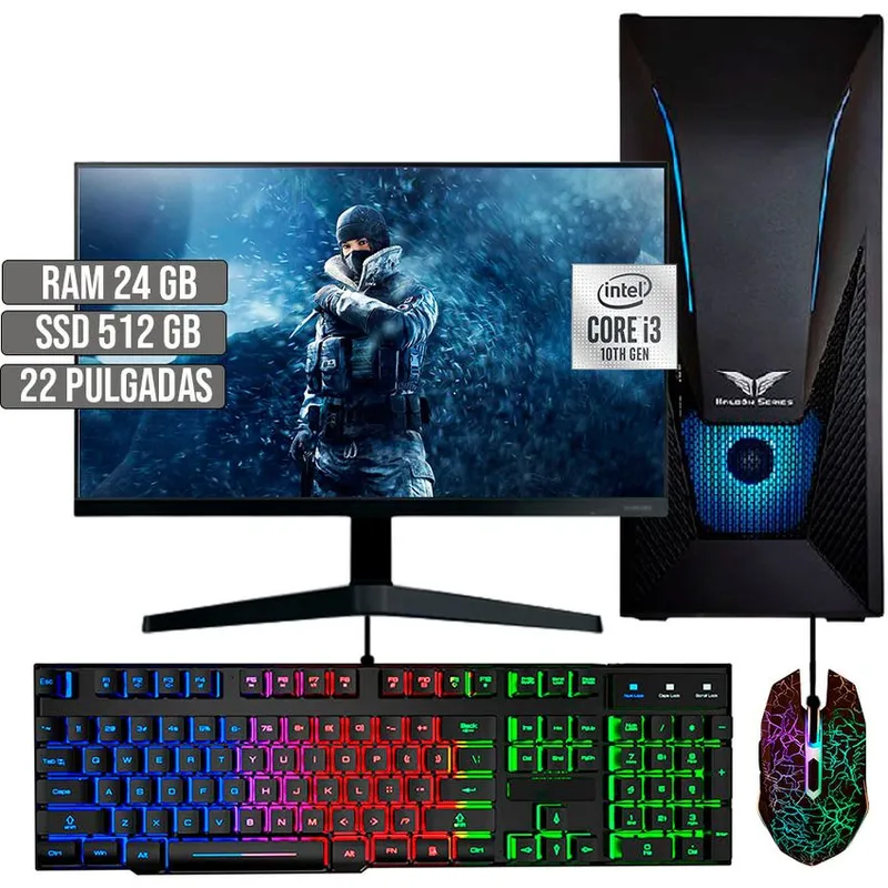 HALCON - PC EQUIPO GAMER INTEL CORE I3-10105 SSD 512GB RAM 24GB LED 22 FHD
