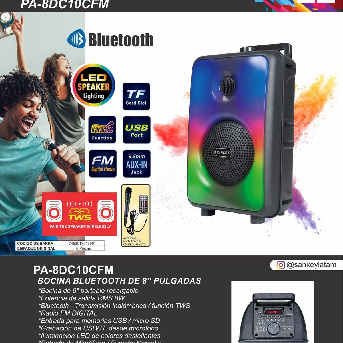 SANKEY - Parlante Bluetooth Recargable de 8 Pulgadas Sankey PA-8DC10CFM