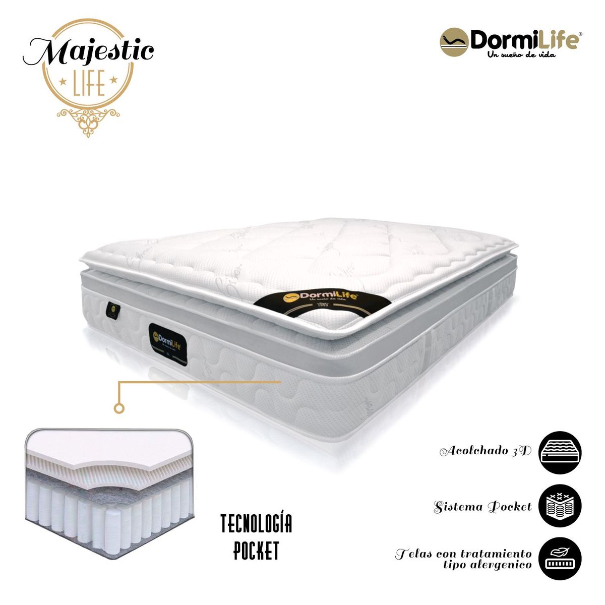 COLCHONES DORMILIFE - Colchon Ortopedico Queen Firme con Pillow Majestic Life 160 x 190