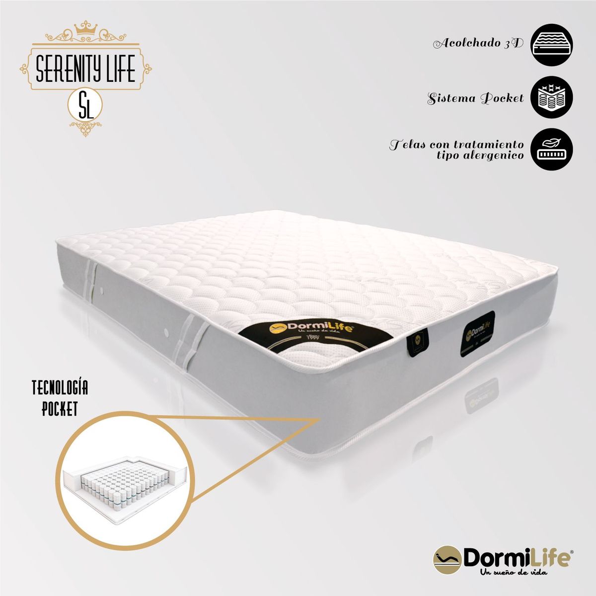 COLCHONES DORMILIFE - Colchon Ortopedico Sencillo firmeza Suave Serenity Life 100 x 190.